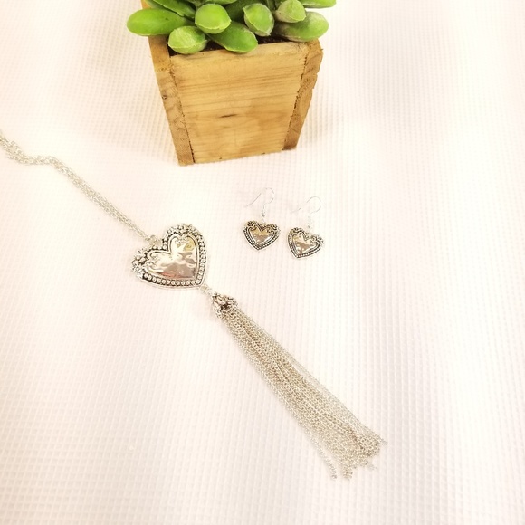 Antique Silver-tone Heart Tassel Necklace Set 3042 - Picture 4 of 6